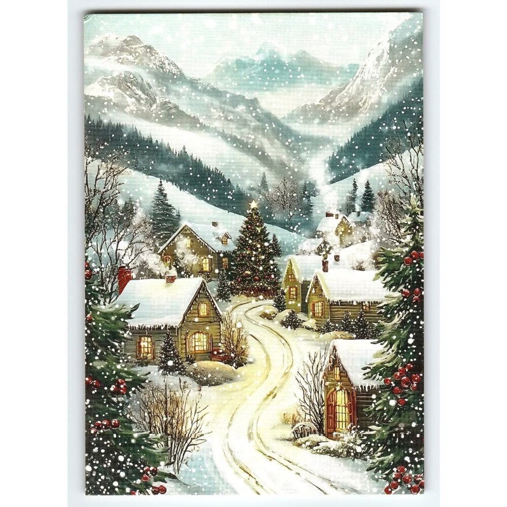 Vintage Snowy Christmas Village Scene Lithograph Postcard 5.5x4"